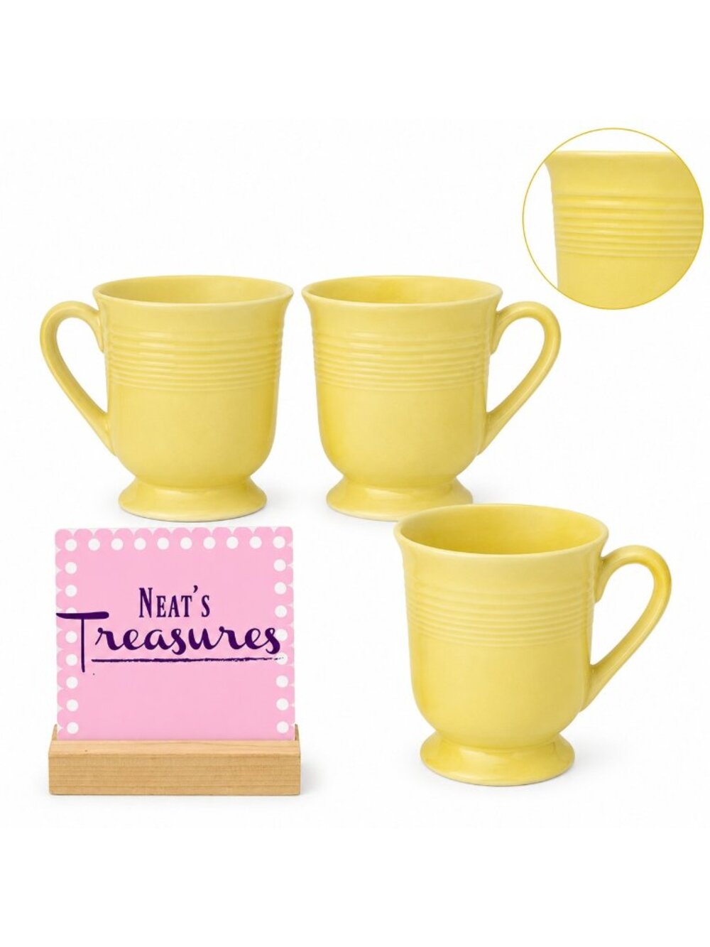 Gibson Designs MAIN ST YELLOW Mix & Match Embossed Ring Pedestal 11oz Mugs Set 3